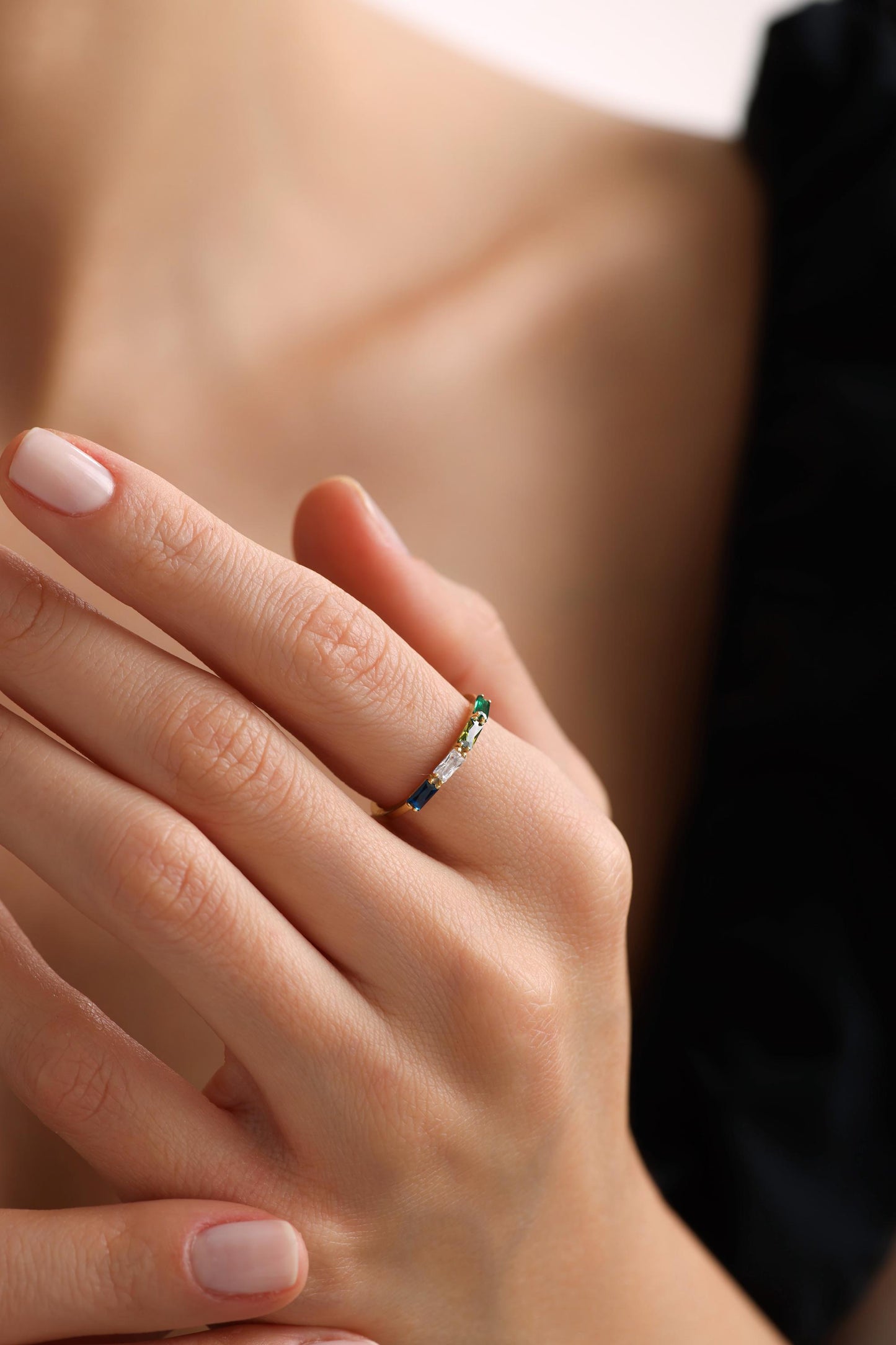 Baguette Birthstone Ring: Custom Sterling Silver Stackable Gemstone Ring
