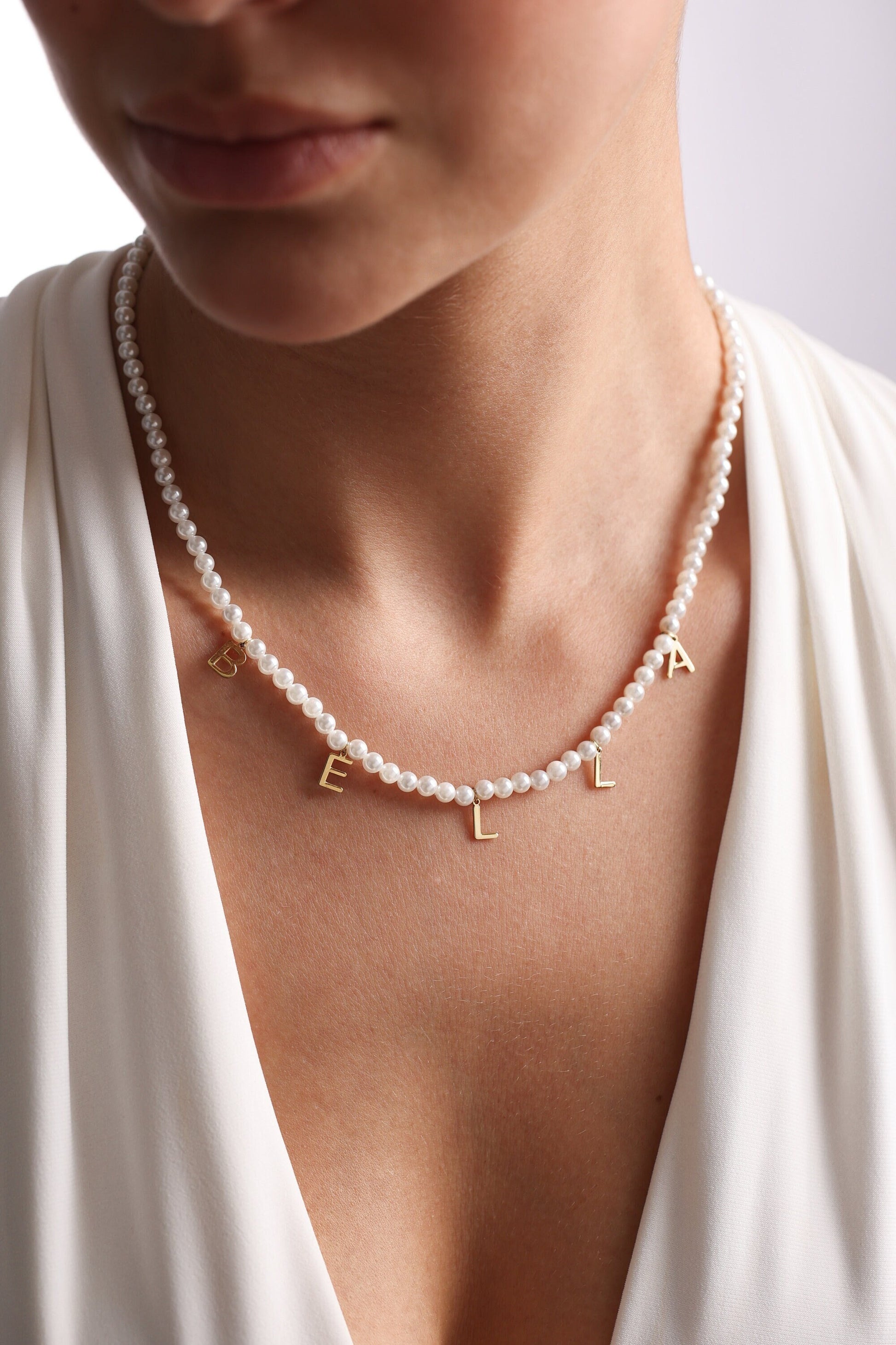 Personalized Freshwater Pearl Name Necklace: Gold Letter Charm