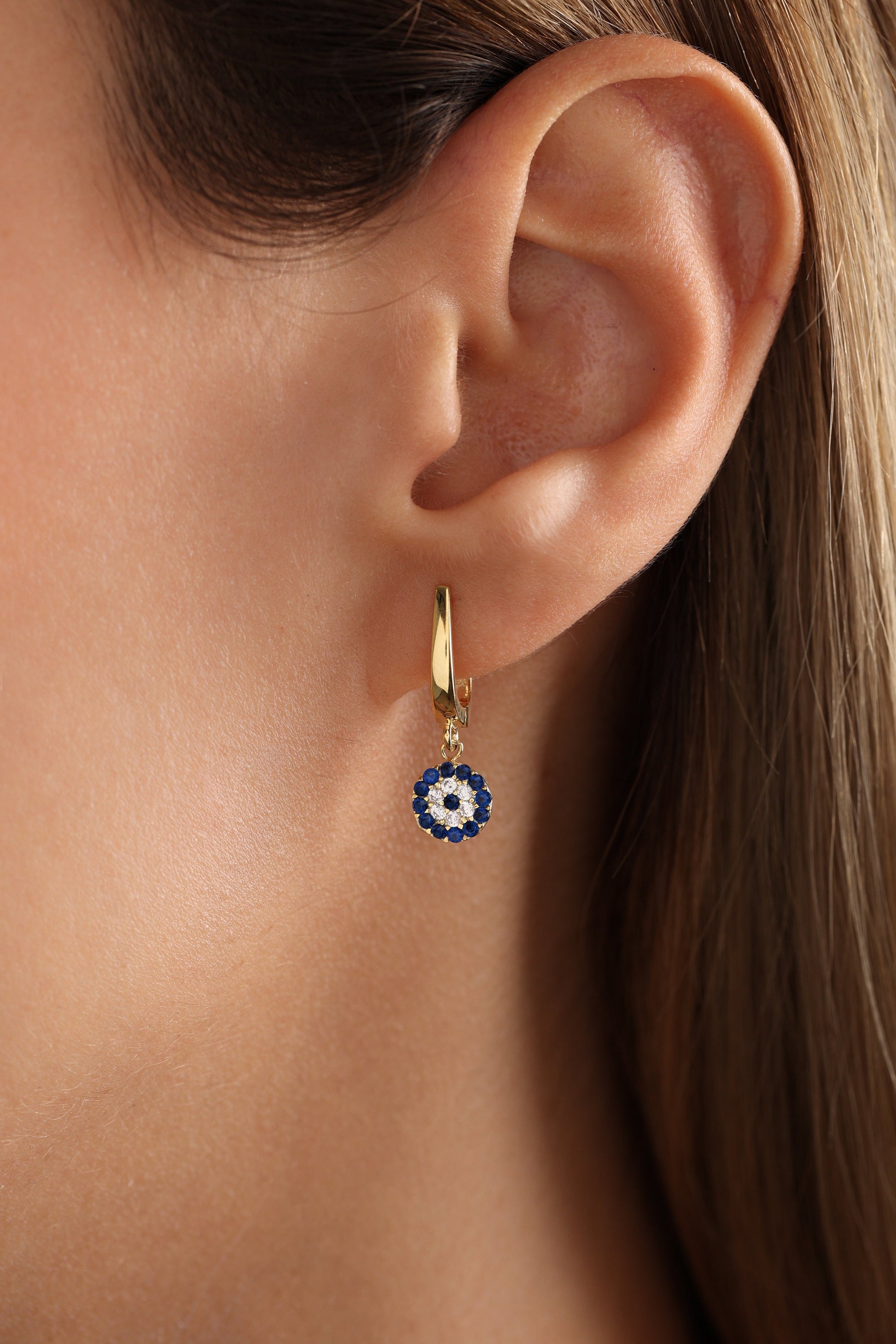 Gold Evil Eye Huggie Hoop Earrings: Sterling Silver Dangle Drop Earrings