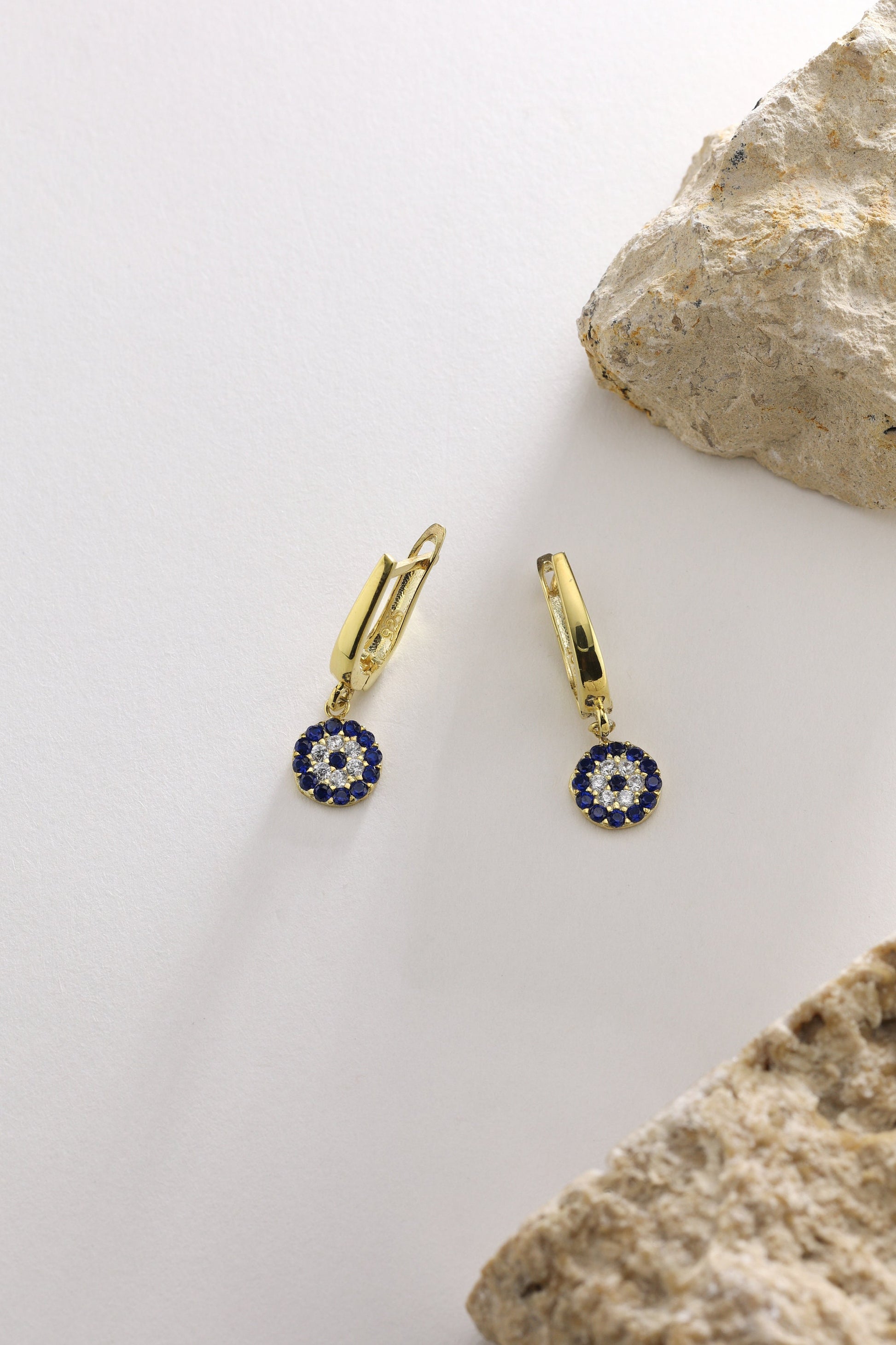 Gold Evil Eye Huggie Hoop Earrings: Sterling Silver Dangle Drop Earrings