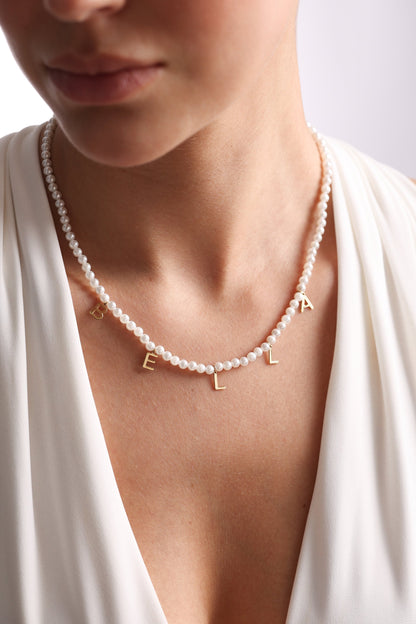 Personalized Freshwater Pearl Name Necklace: Gold Letter Charm