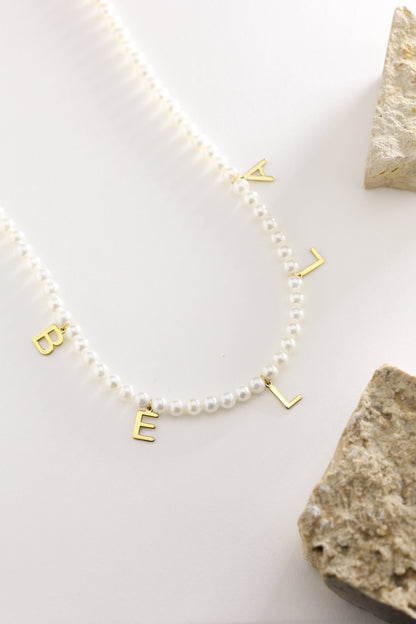 Personalized Freshwater Pearl Name Necklace: Gold Letter Charm