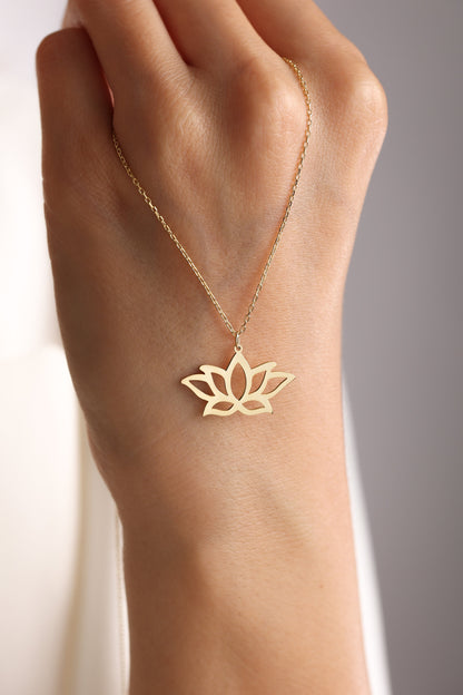 14K Gold Lotus Flower Necklace: Sterling Silver Spiritual Pendant