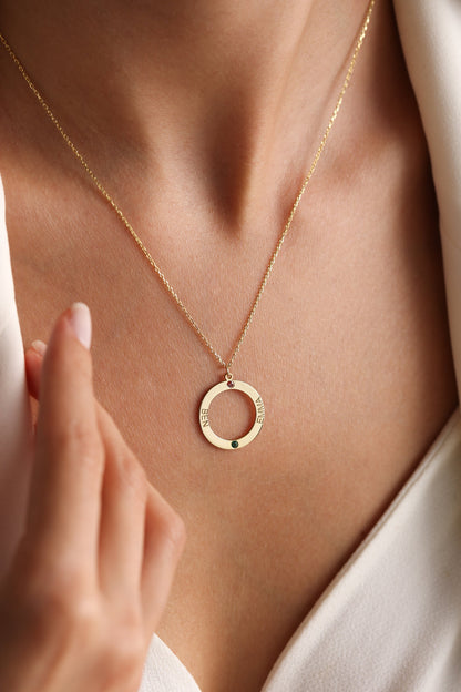 Personalized Gold Circle Necklace: Custom Name & Birthstone Necklace , Mothers Necklace