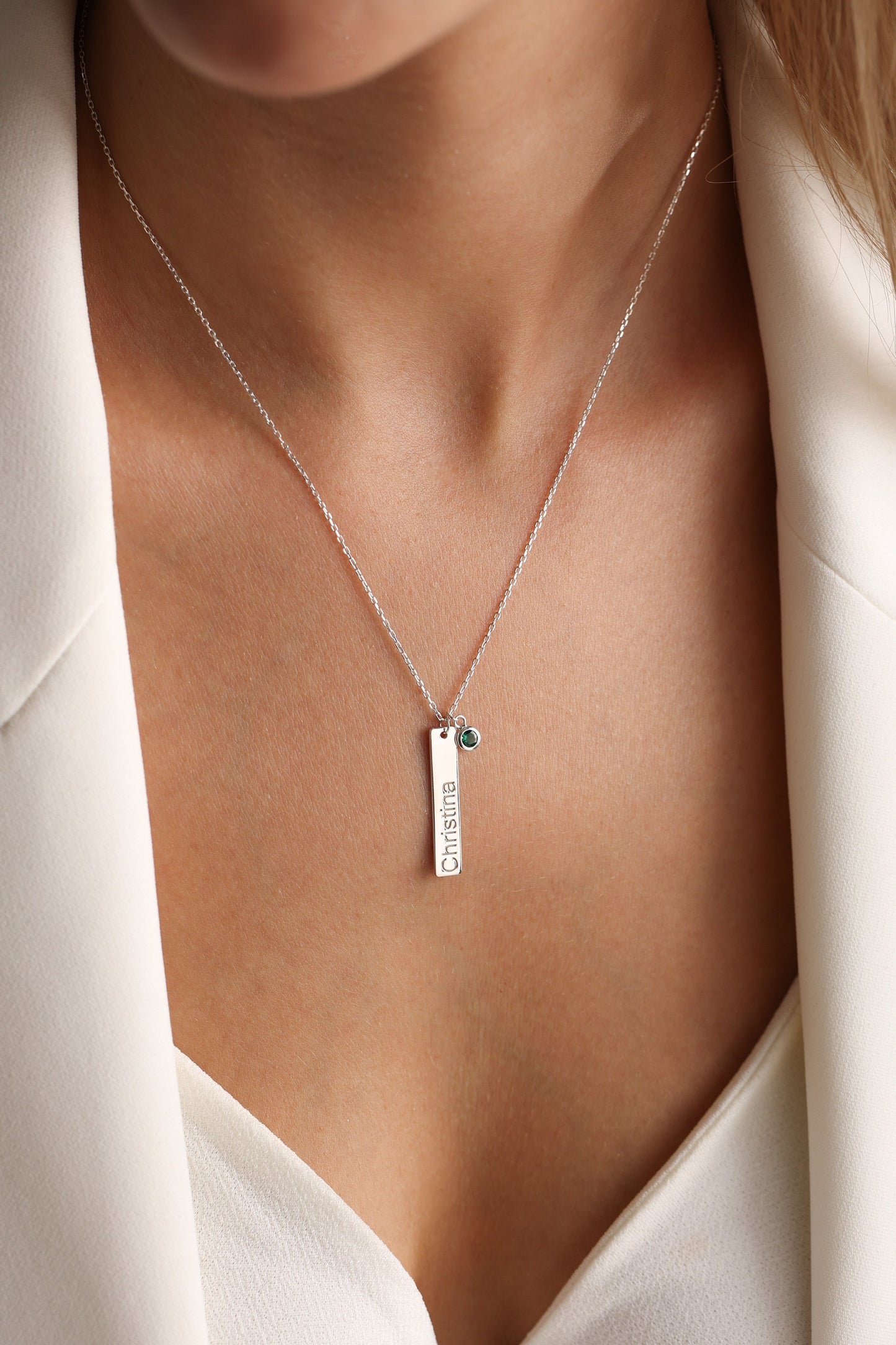Personalized Birthstone Bar Necklace: Engraved Bar Name Necklace, Mom Gift
