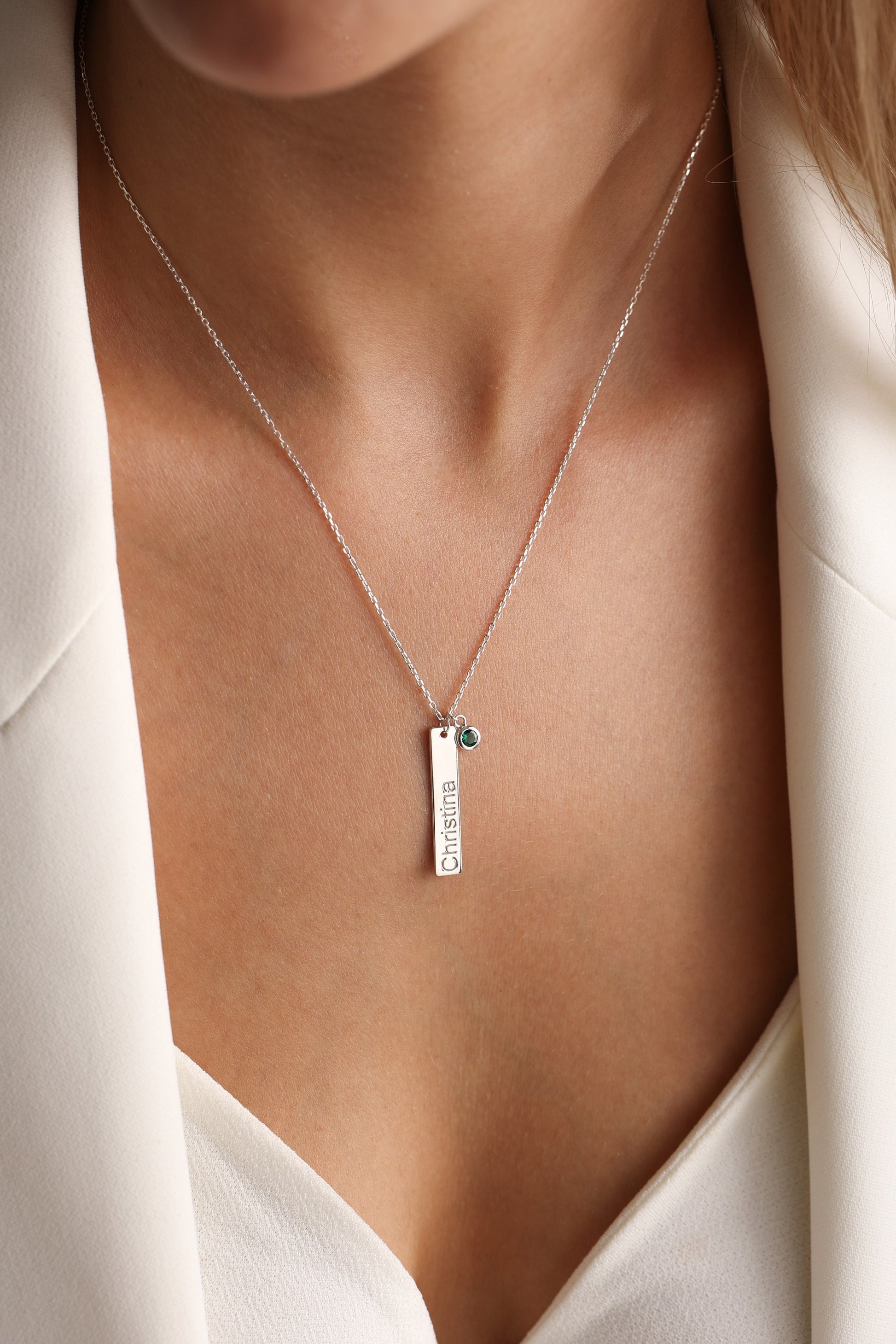 Personalized Birthstone Bar Necklace: Engraved Bar Name Necklace, Mom Gift