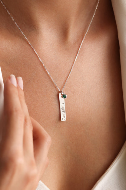 Personalized Birthstone Bar Necklace: Engraved Bar Name Necklace, Mom Gift