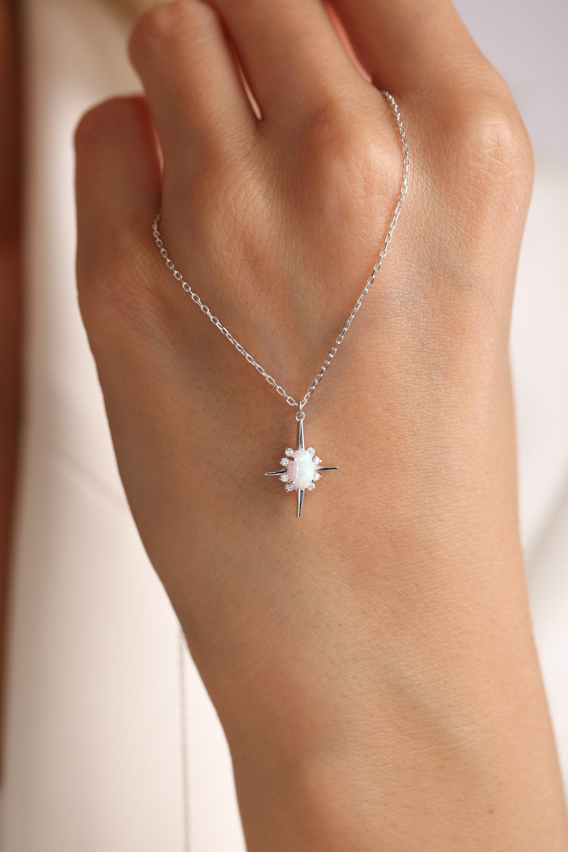 Opal North Star Necklace: 925 Sterling Silver Dainty Charm