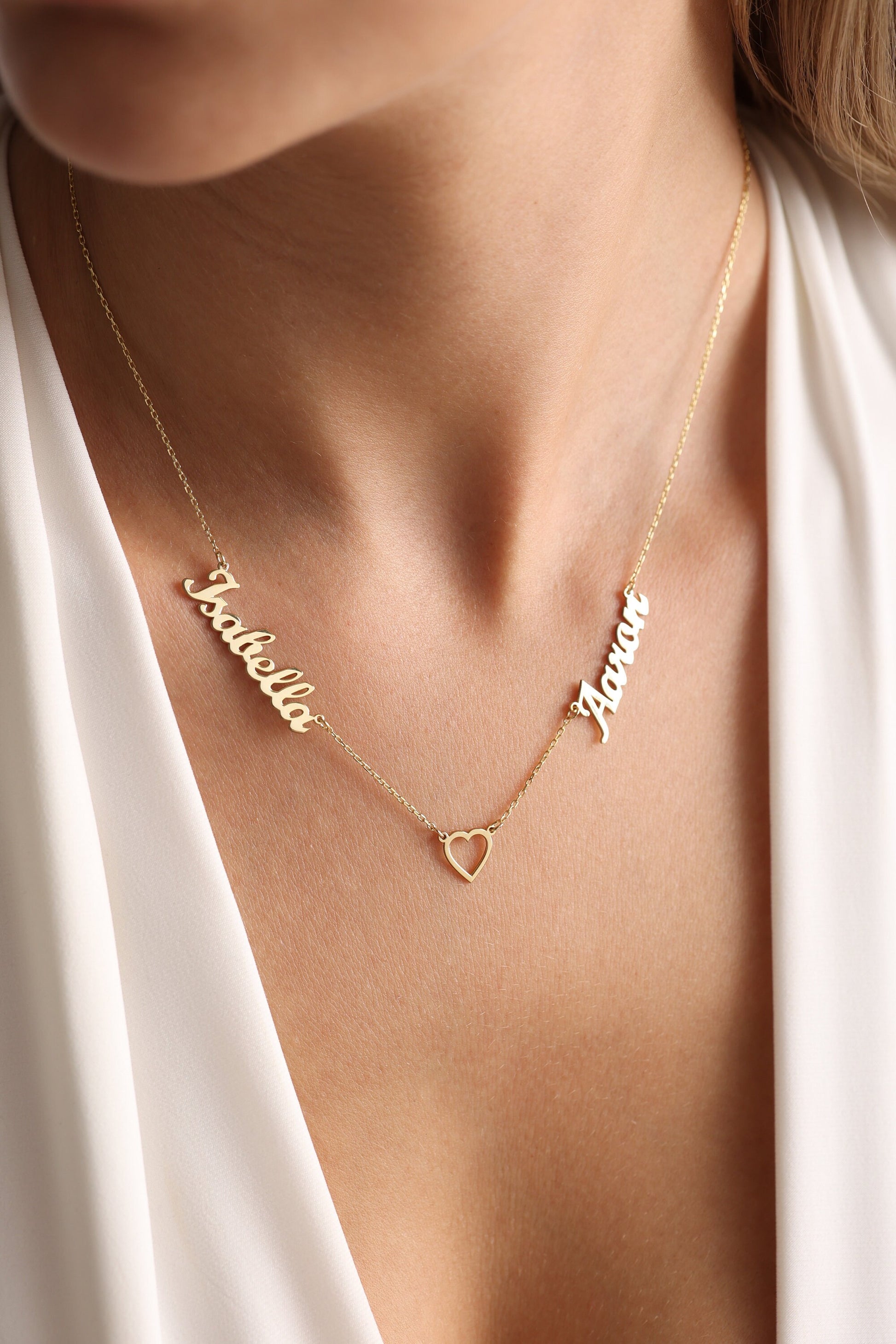 Personalized Two Names Necklace with Heart, Custom Gold Name Necklace
