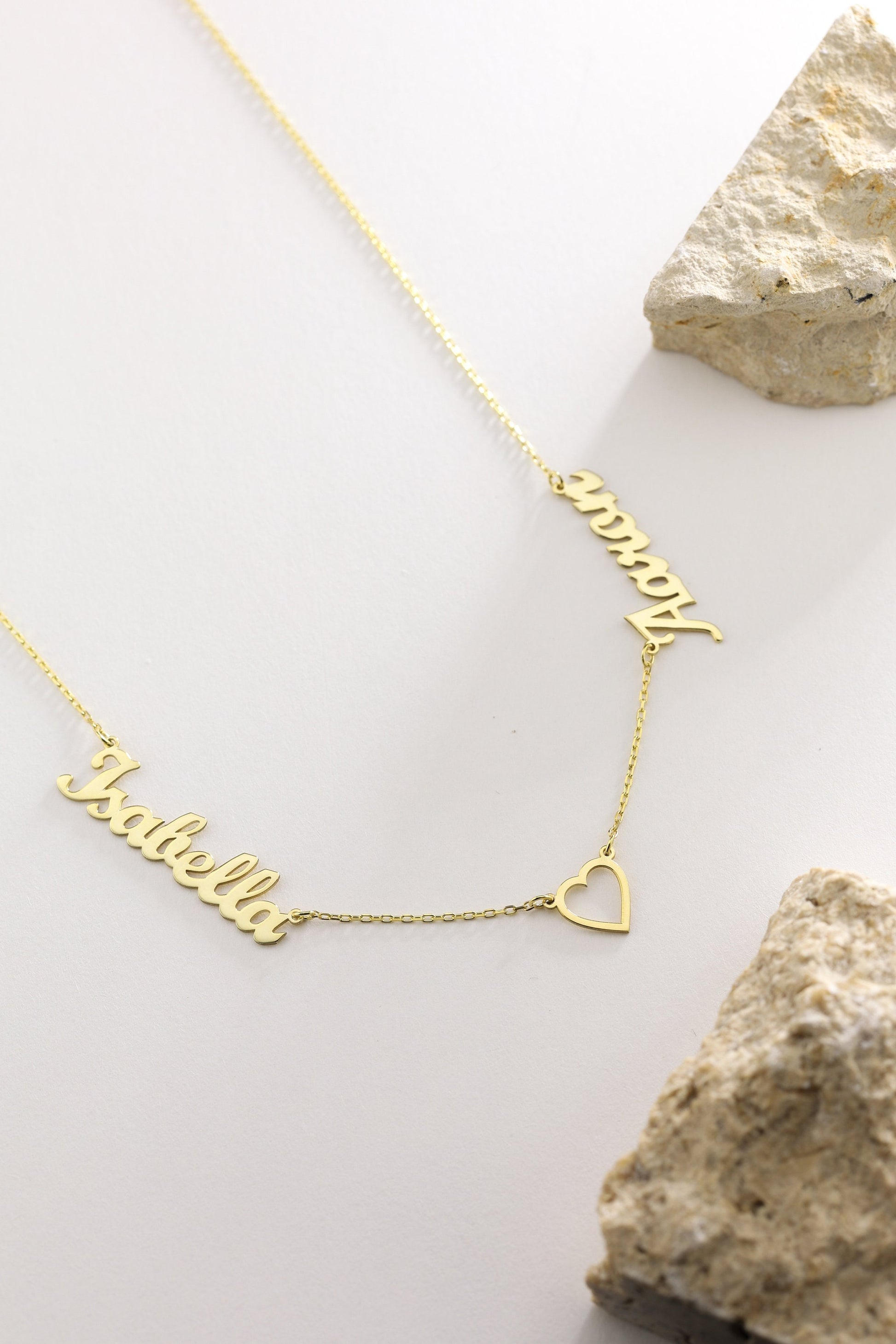 Personalized Two Names Necklace with Heart, Custom Gold Name Necklace