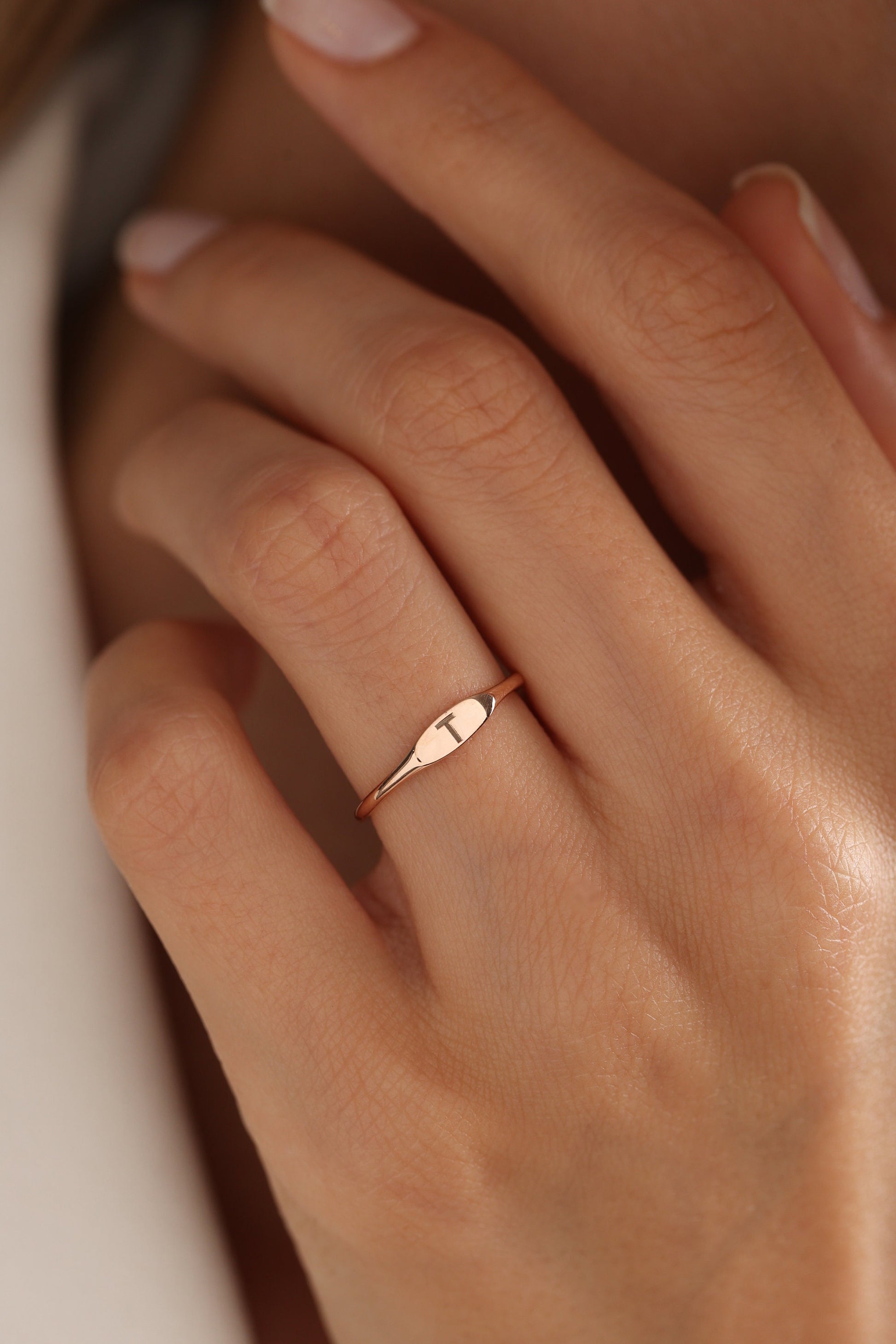 Gold Personalized Initial Ring: 14K Dainty Signet Ring, Engraved Letter Ring in Gold
