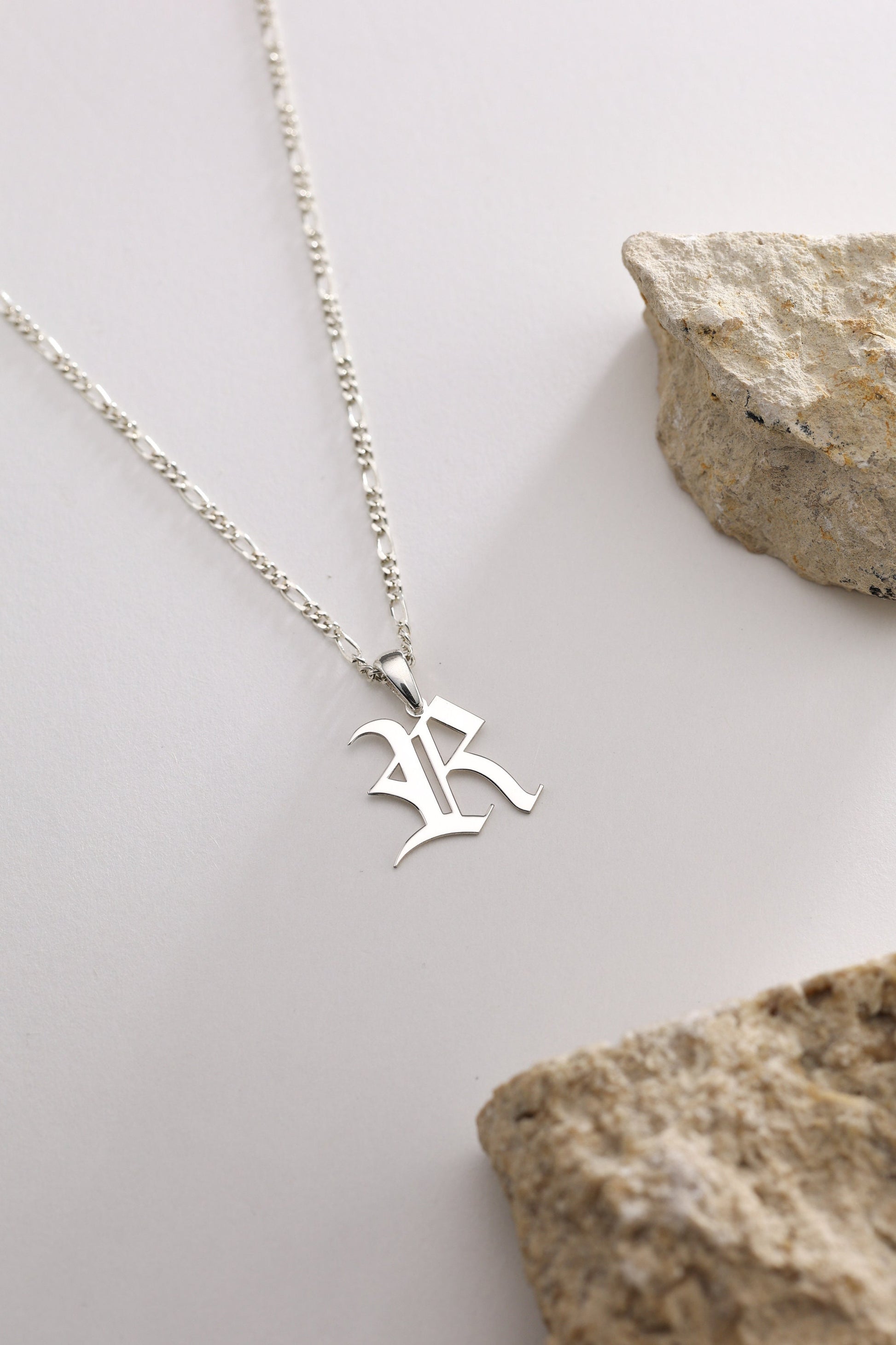 Sterling Silver Figaro Chain Old English Initial Necklace