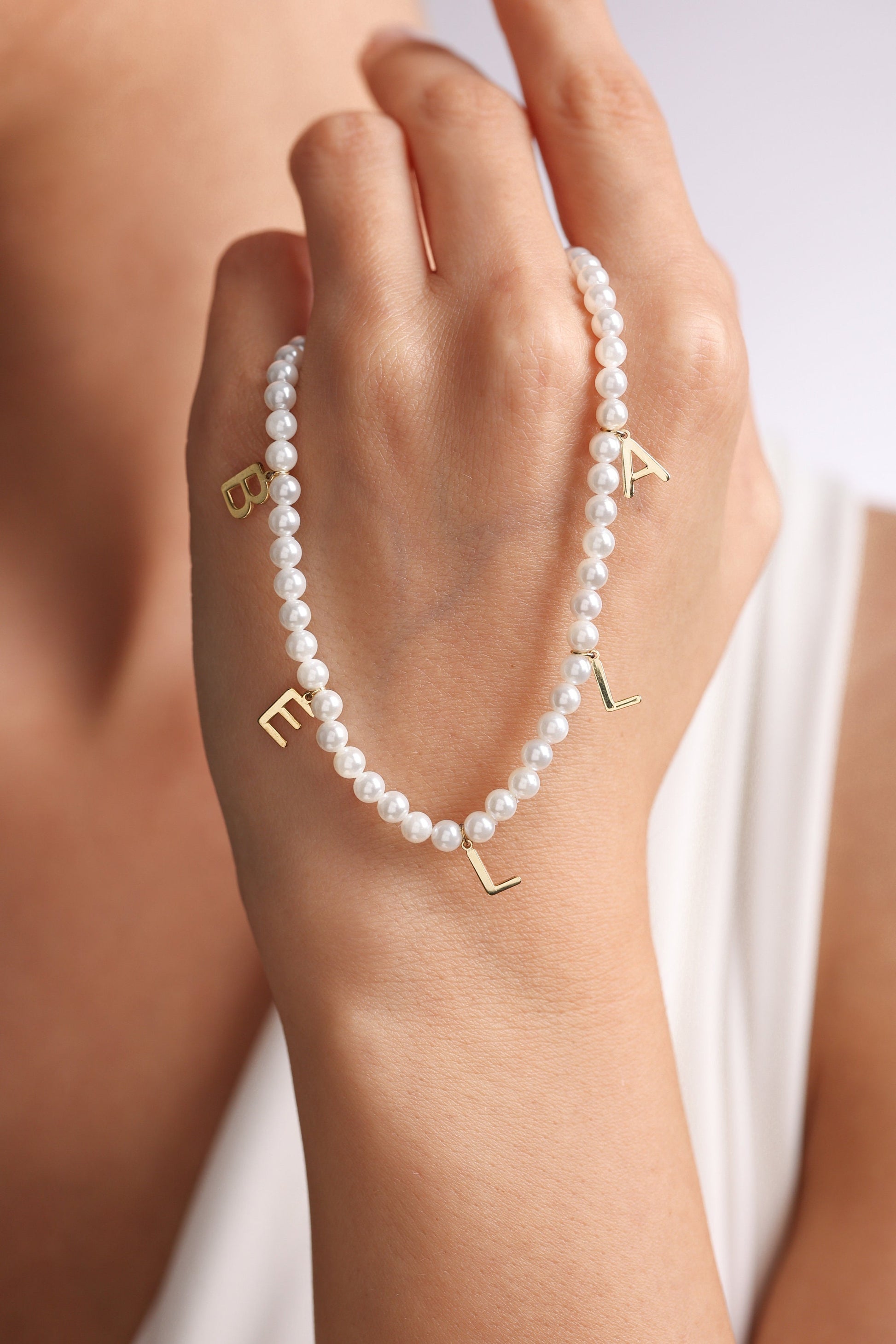 Personalized Freshwater Pearl Name Necklace: Gold Letter Charm