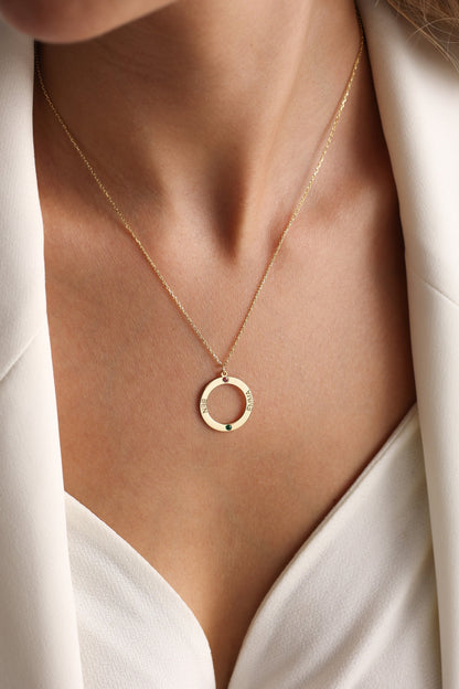 Personalized Gold Circle Necklace: Custom Name & Birthstone Necklace , Mothers Necklace