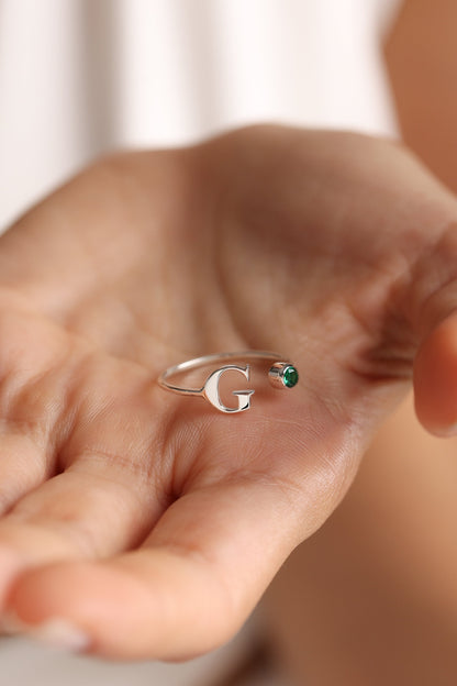 Personalized Birthstone Ring: Sterling Silver Initial Ring, Mother's Gift