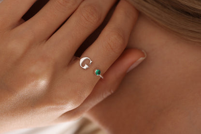 Personalized Birthstone Ring: Sterling Silver Initial Ring, Mother's Gift
