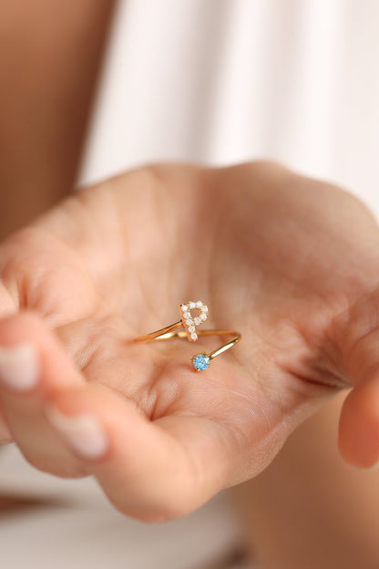 intial Birthstone Ring, Costum Birthstone Ring, Diamond Letter Birthstone Ring, Mother's Day Gift, 14K Gold initial Ring, Letter Ring