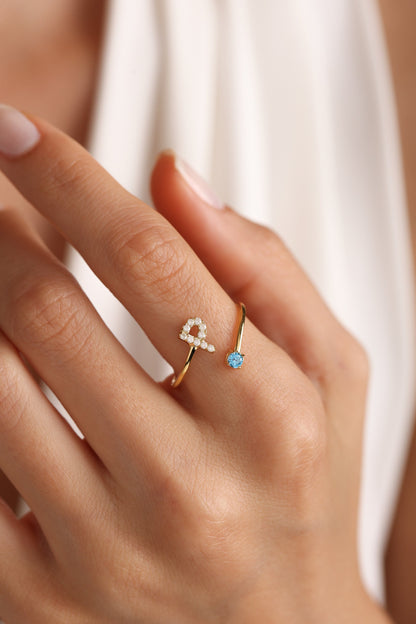 intial Birthstone Ring, Costum Birthstone Ring, Diamond Letter Birthstone Ring, Mother's Day Gift, 14K Gold initial Ring, Letter Ring