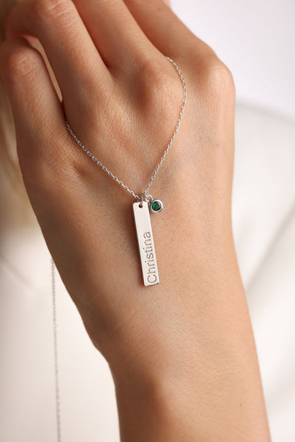 Personalized Birthstone Bar Necklace: Engraved Bar Name Necklace, Mom Gift