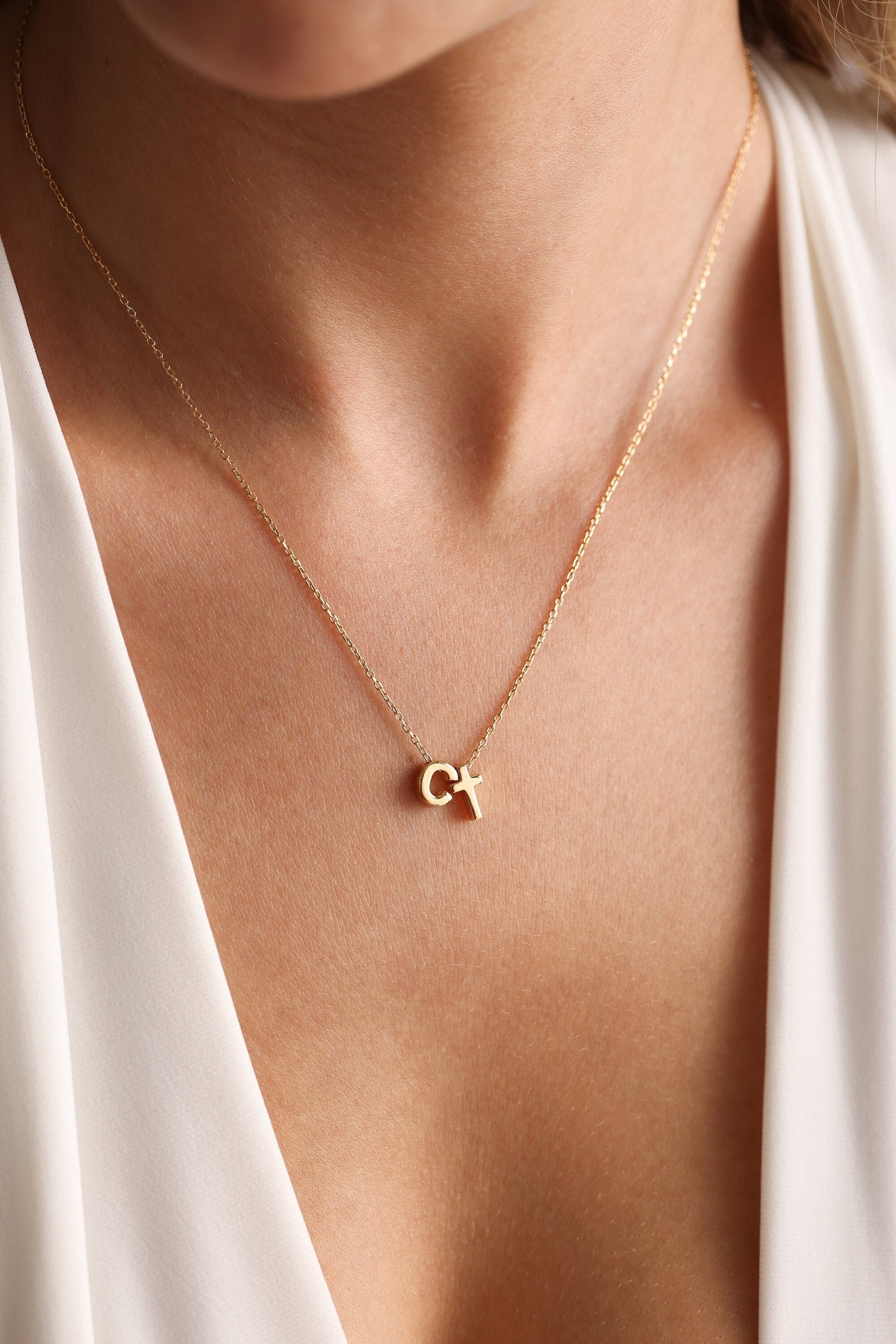 Cross Necklace with initial,Dainty Gold Cross Necklace,Gift for Her,Tiny Cross Necklace, Confirmation Gift,Baptism Gift,Minimalist Necklace