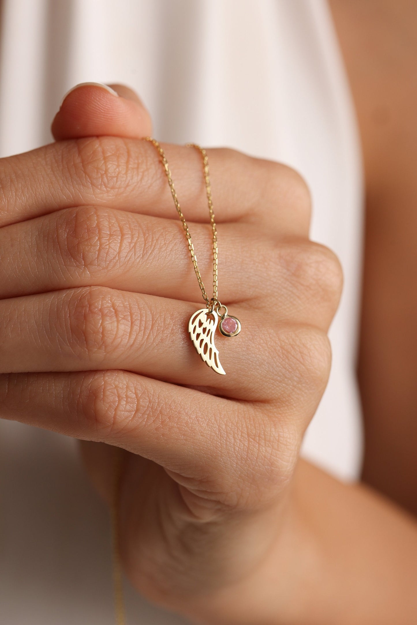 14k Gold Angel Wing Necklace: Birthstone Memorial Gift