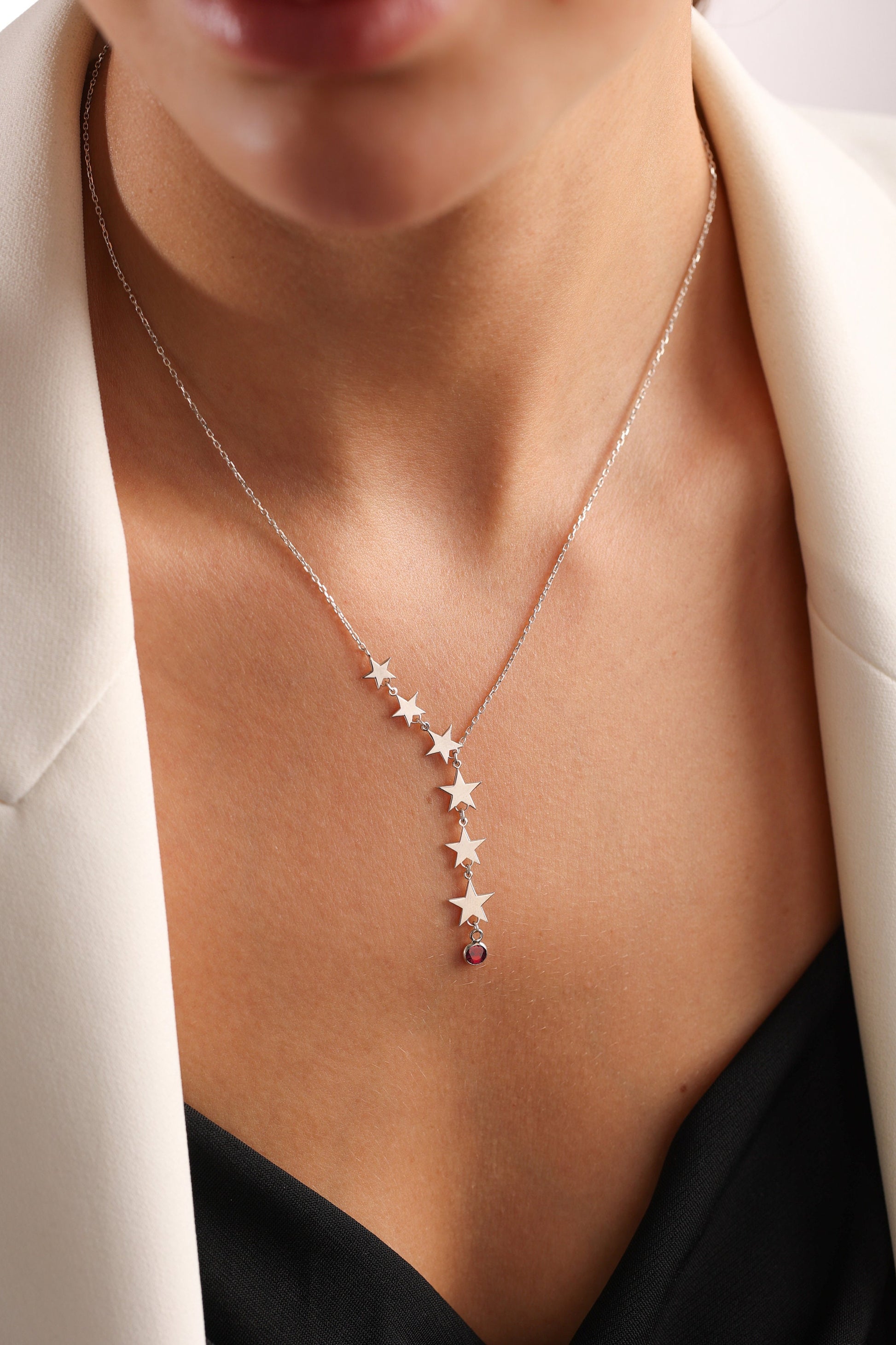 Star Lariat Necklace - Asymmetric Y Shape Drop Star Pendant - Zircon Gemstones - Silver / Gold / Rose Gold, Minimalist Necklace