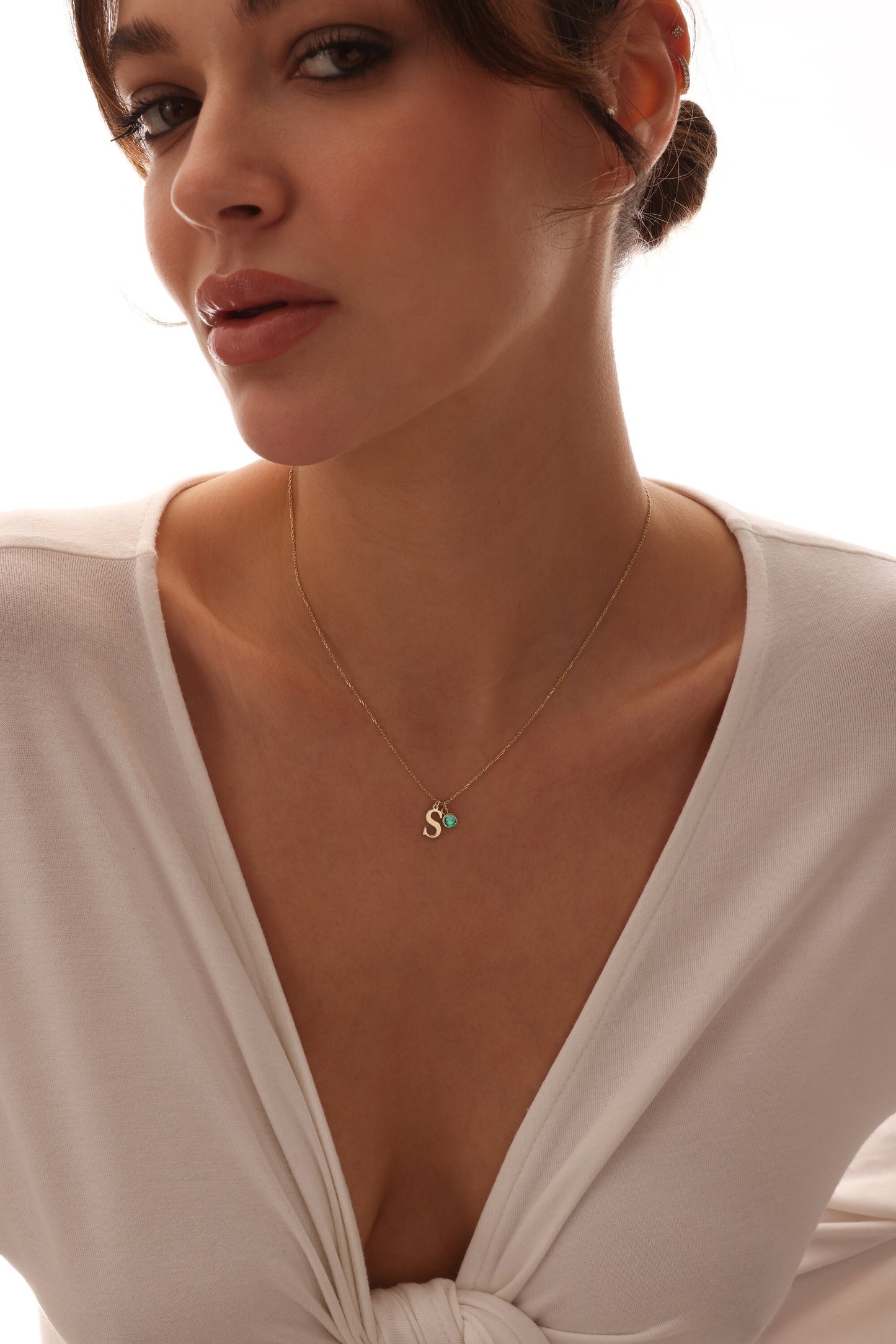 925 Sterling Silver Initial Necklace with Birthstone : Personalized Letter Jewelry , Christmas Gift for Her