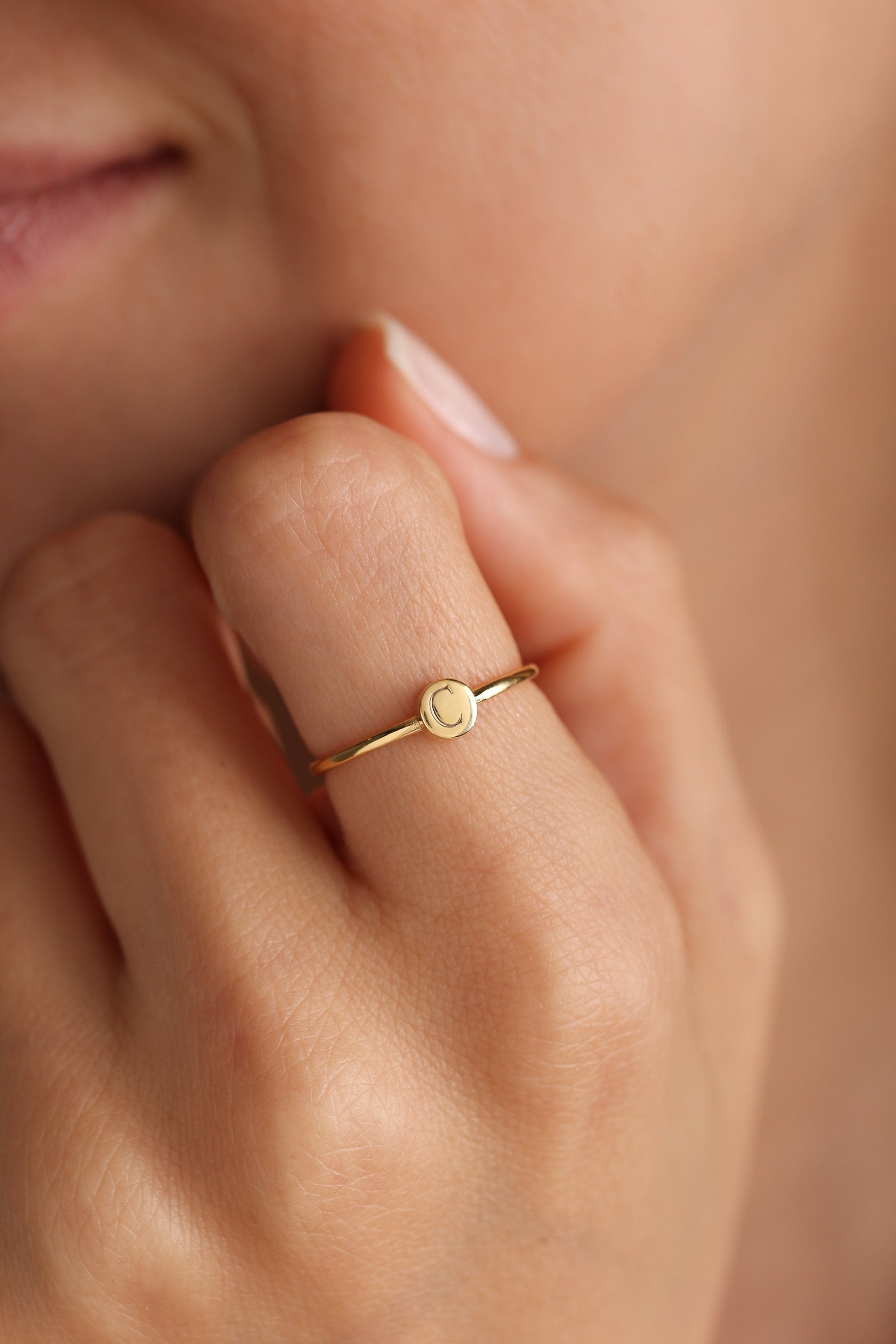 Dainty Engraved Initial Signet Ring: Personalized Sterling Silver Pinky Ring