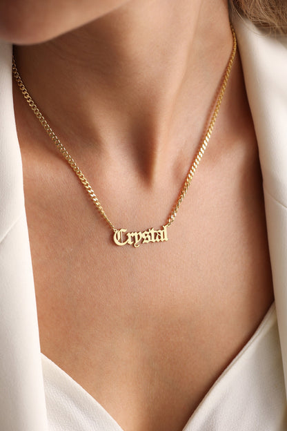 14K Gold Gothic Name Necklace - 925 Silver Personalized Old English Style, Necklace For Women , Christmas Gift