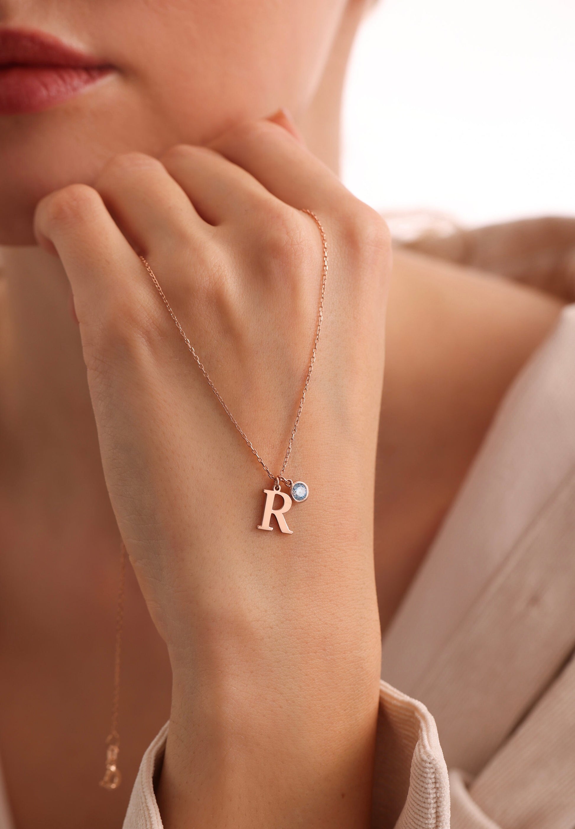 14K Solid Gold Initial Necklace with Birthstone, Personalized Letter Necklace , Christmas Gift For Her