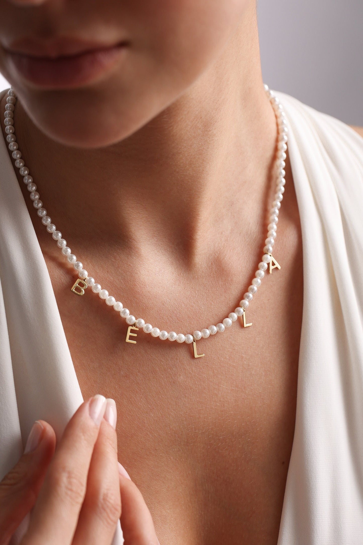 Personalized Freshwater Pearl Name Necklace: Gold Letter Charm