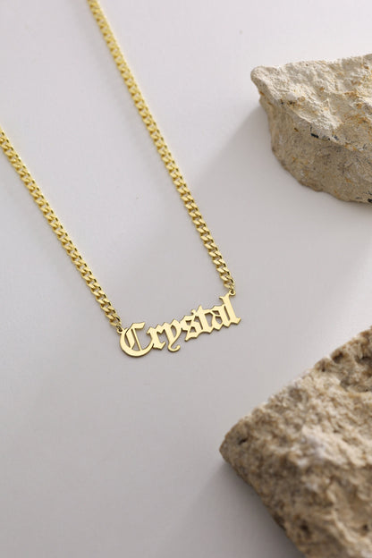14K Gold Gothic Name Necklace - 925 Silver Personalized Old English Style, Necklace For Women , Christmas Gift