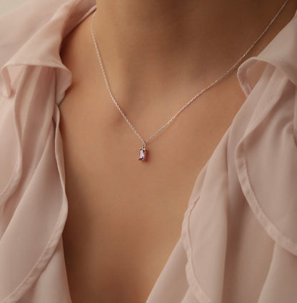 14K Gold Baguette Birthstone Necklace, Dainty 925 Silver Baguette Pendant , Birthstone Necklace for mom