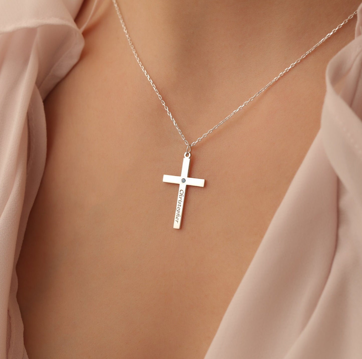 Custom Cross Name Necklace with Birthstone: Sterling Silver Christian Jewelry