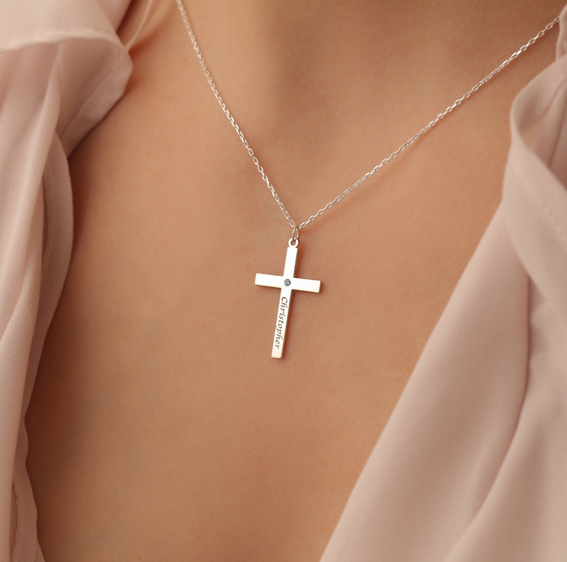 Custom Cross Name Necklace with Birthstone: Sterling Silver Christian Jewelry