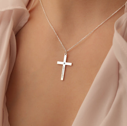 Custom Cross Name Necklace with Birthstone: Sterling Silver Christian Jewelry