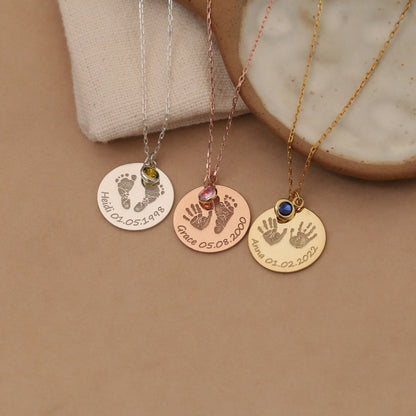 Personalized Baby Footprint Necklace with Birthstone,Name Necklace,Baby Handprint Necklace, Stillborn,Gift for New Mom,Mother's day gift