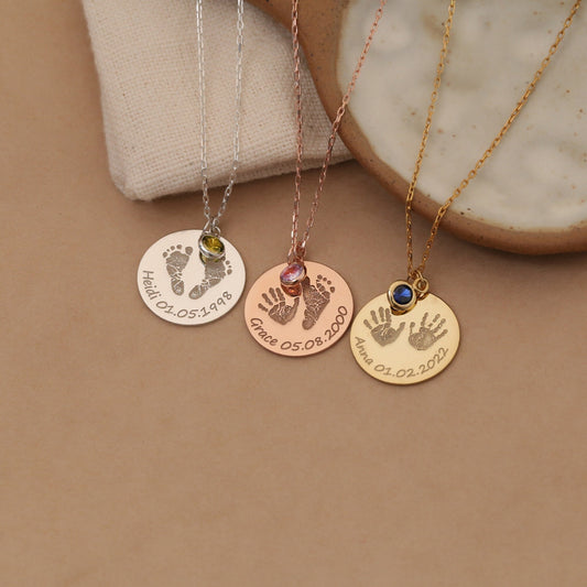 Personalized Baby Footprint Necklace with Birthstone,Name Necklace,Baby Handprint Necklace, Stillborn,Gift for New Mom,Mother's day gift