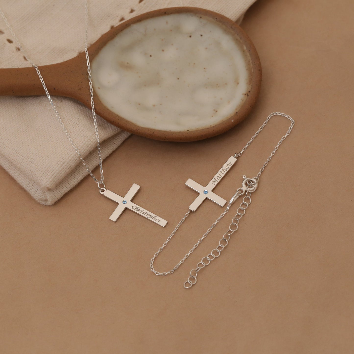 Custom Cross Name Necklace with Birthstone: Sterling Silver Christian Jewelry