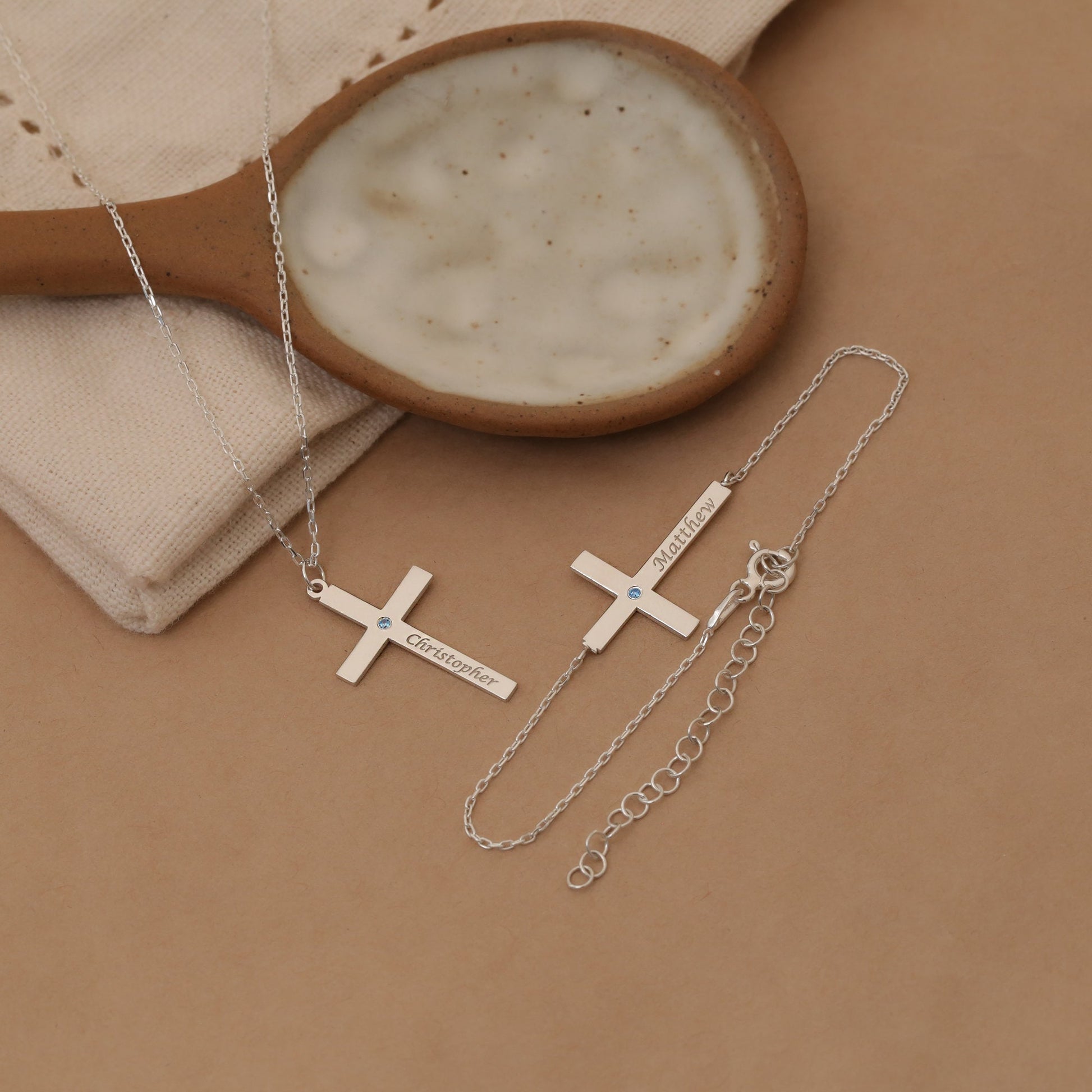 Custom Cross Name Necklace with Birthstone: Sterling Silver Christian Jewelry