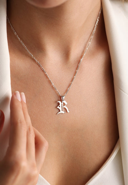 Sterling Silver Figaro Chain Old English Initial Necklace