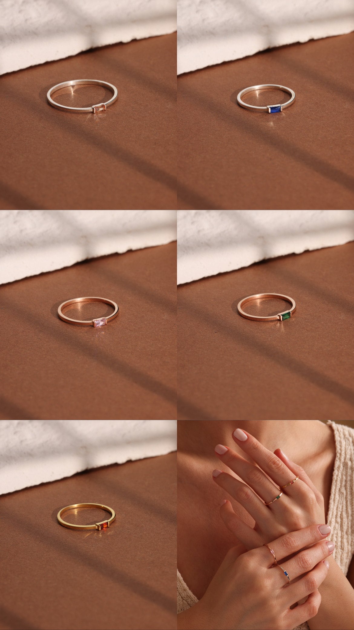 Baguette Sterling Silver Birthstone Ring - Personalized Gemstone Ring , stackable rings gold