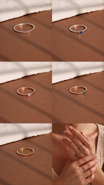 Baguette Sterling Silver Birthstone Ring - Personalized Gemstone Ring , stackable rings gold