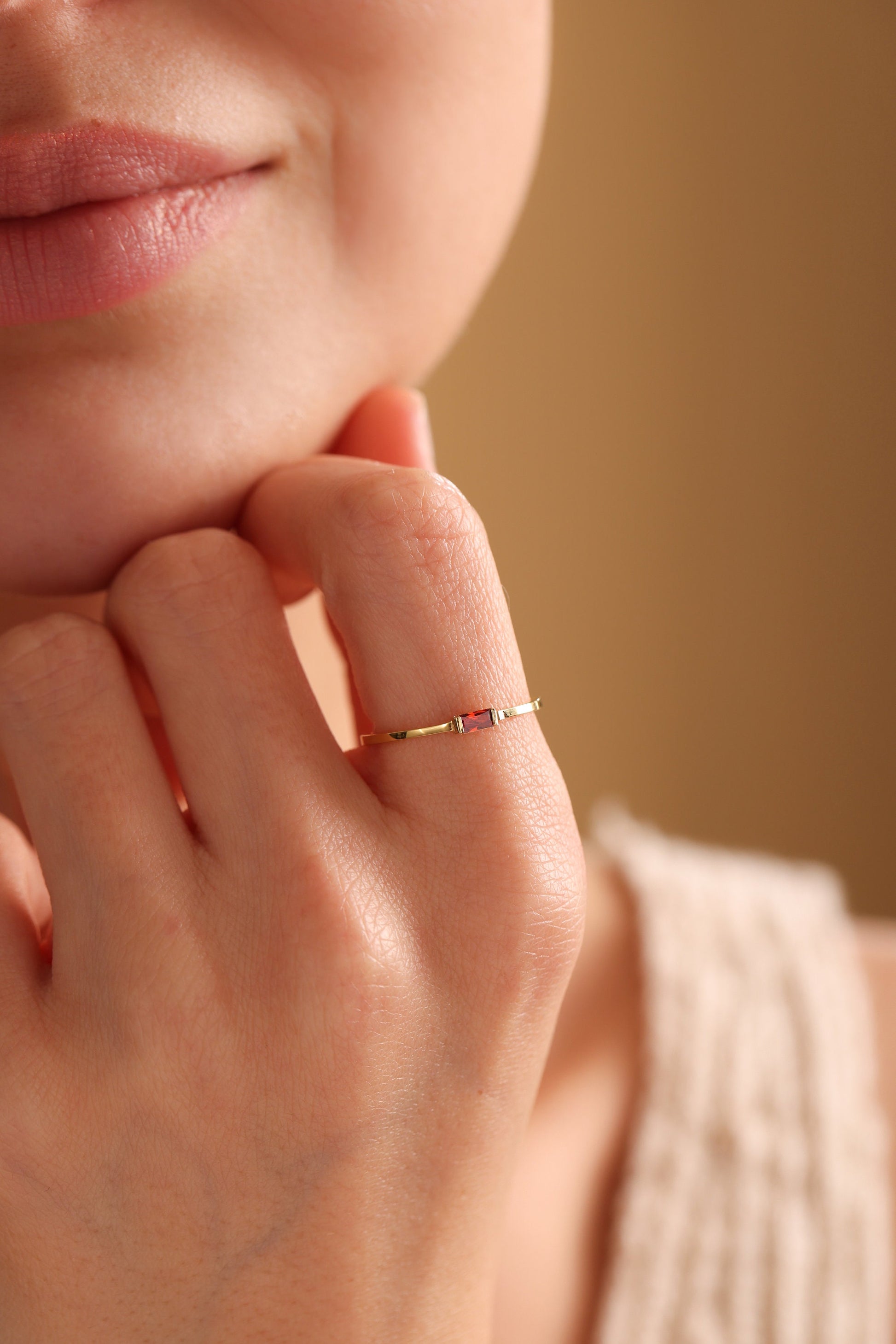 14K Solid Gold Baguette Birthstone Ring, Stackable Ring, Mothers Ring, Promise Ring, Birthday Gift For Mom