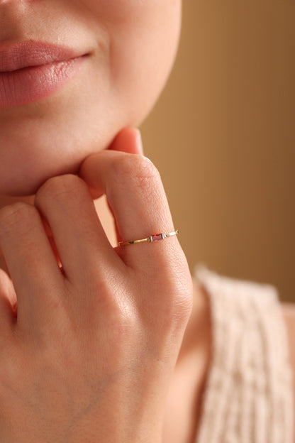 14K Solid Gold Baguette Birthstone Ring, Stackable Ring, Mothers Ring, Promise Ring, Birthday Gift For Mom