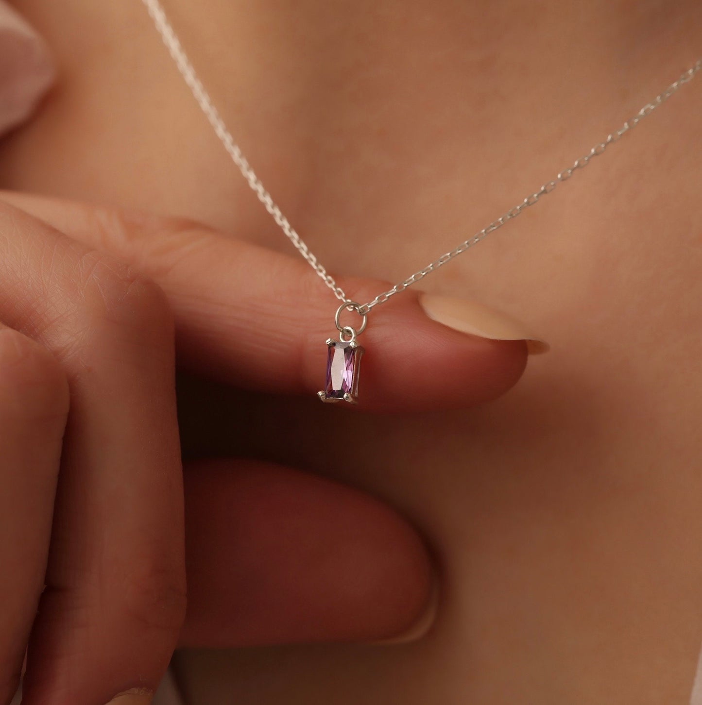 Personalized 14K Gold Baguette Birthstone Necklace, Gift for Mom