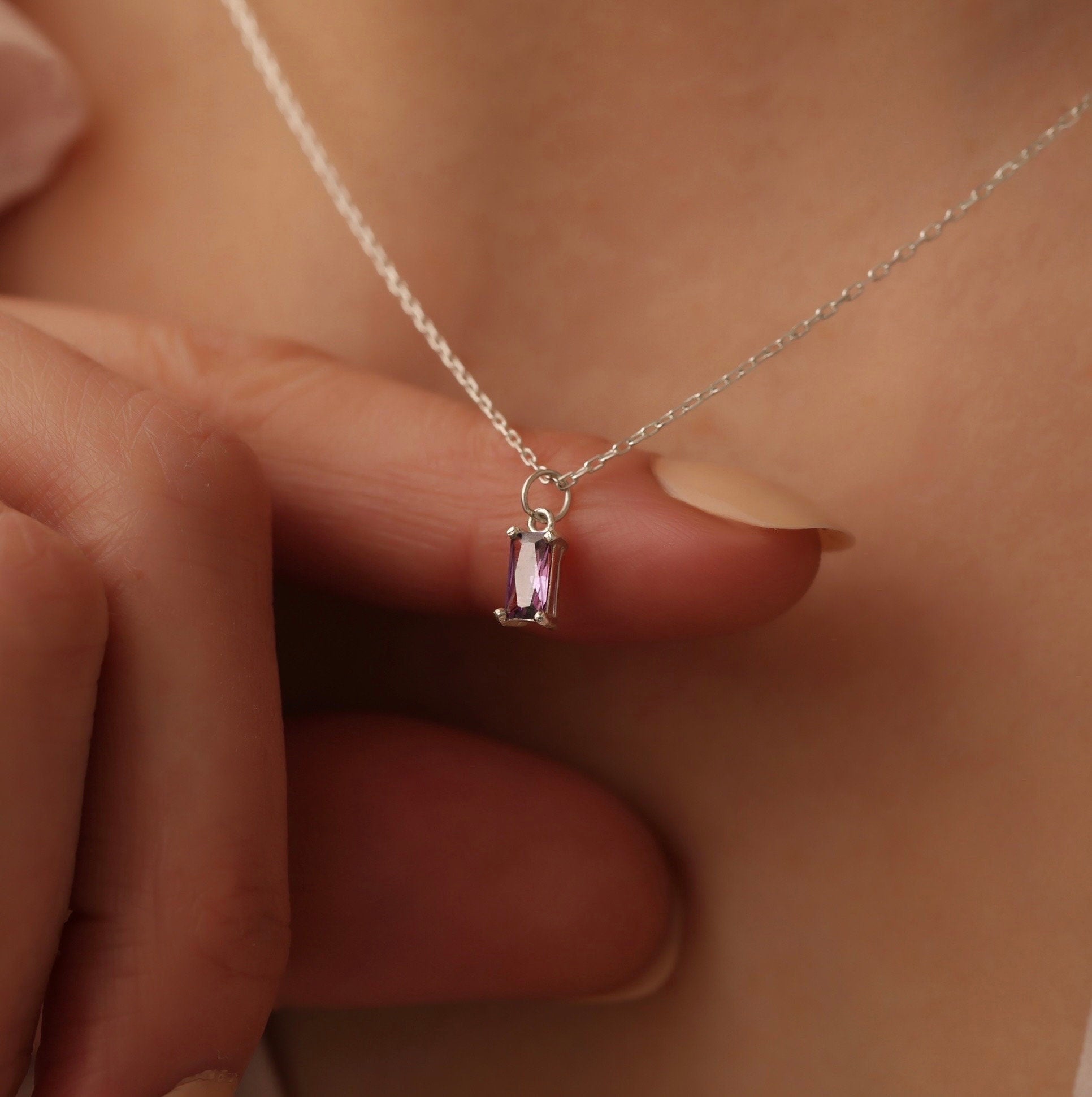Personalized 14K Gold Baguette Birthstone Necklace, Gift for Mom