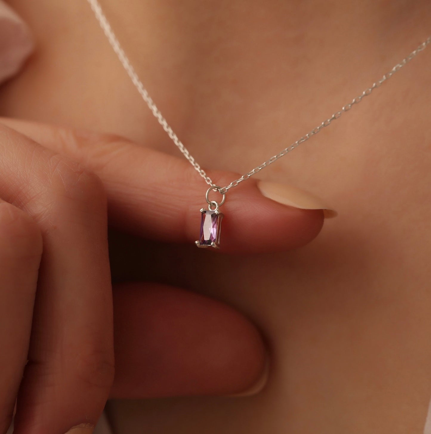 14K Gold Baguette Birthstone Necklace, Dainty 925 Silver Baguette Pendant , Birthstone Necklace for mom