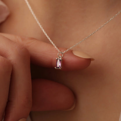 14K Gold Baguette Birthstone Necklace, Dainty 925 Silver Baguette Pendant , Birthstone Necklace for mom
