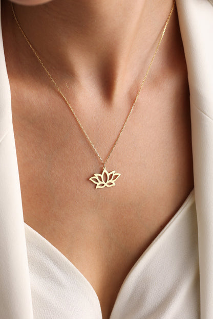 14K Gold Lotus Flower Necklace: Sterling Silver Spiritual Pendant